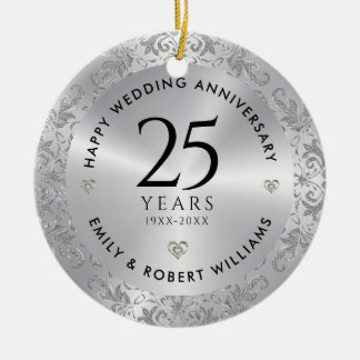25e bruiloft Jubileum Silver Sparkling Lijst Keramisch Ornament