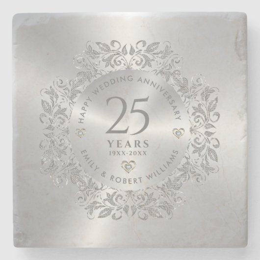 25e bruiloft Jubileum Silver Sparkling Lijst Stenen Onderzetter (Voorkant)