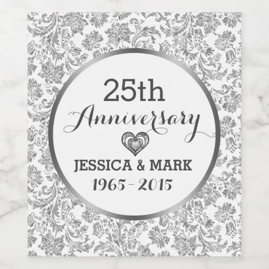 25e bruiloft Jubileum Silver & White Damaskers Wijn Etiket