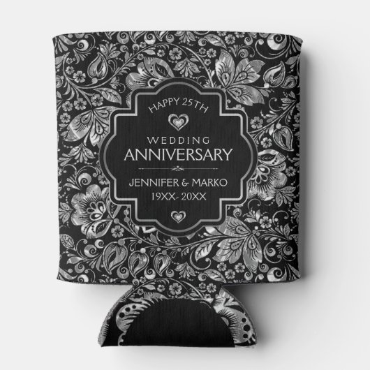 25e bruiloft Jubileum & SilverFloral Damasks Blikjeskoeler (Achterkant)