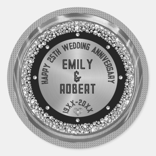 25e bruiloft Jubileum White Diamonds & Gold Ronde Sticker (Voorkant)