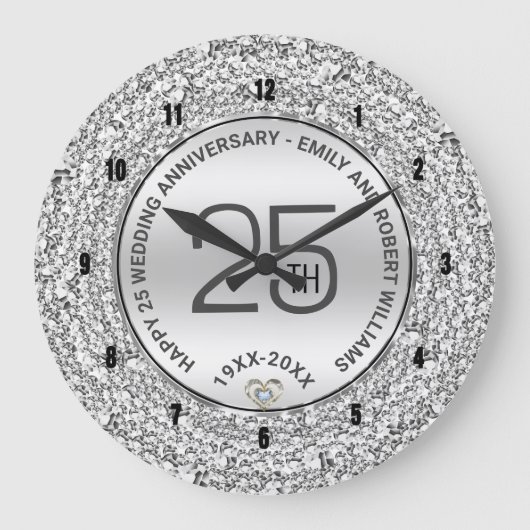 25e bruiloft Jubileum witte diamanten & zilver Grote Klok (Voorkant)