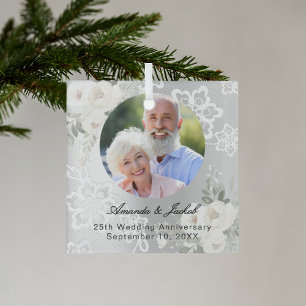 25e bruiloft Jubileum zilveren foto bloemen kant Glas Ornament