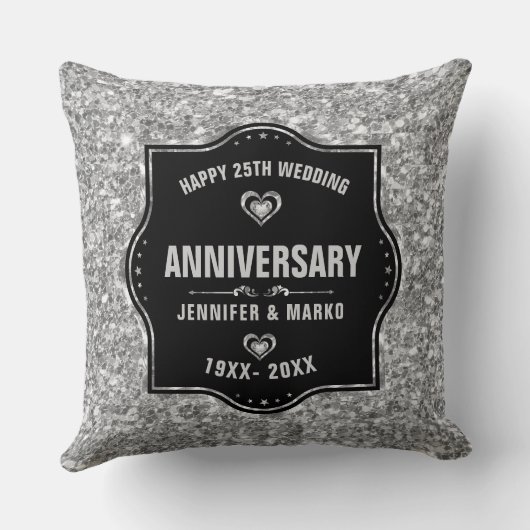 25e bruiloft Jubileum zwart en zilver glitter Kussen (Achterkant)