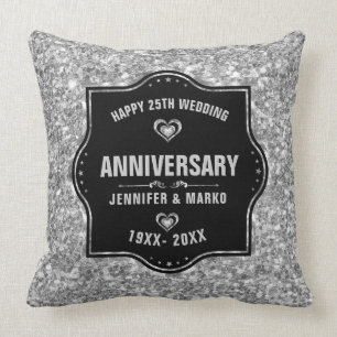25e bruiloft Jubileum zwart en zilver glitter Kussen
