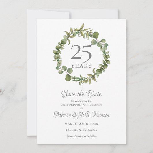 25e bruiloft Silver Jubileum Greenery Garland Save The Date (Voorkant)