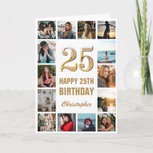 25e Happy Birthday Gold en White Photo Collage Kaart