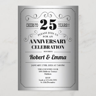 25e huwelijksjubileumfeest - Zilver Zwart Kaart