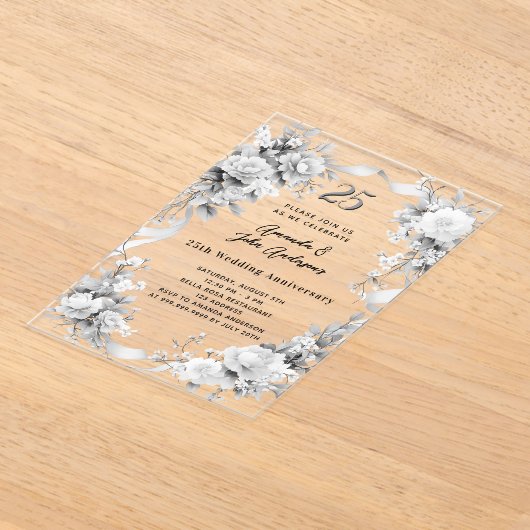 25e huwelijksverjaardag Zilveren bloemen Clear Acryl Uitnodigingen (Laagn)