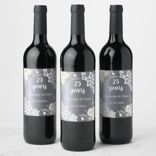 25e huwelijksverjaardag Zilveren bloemen Wijn Etiket (Flessen)