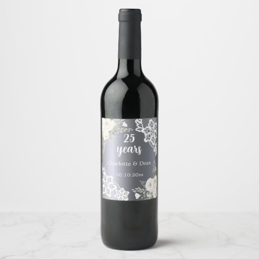25e huwelijksverjaardag Zilveren bloemen Wijn Etiket (Voorkant)