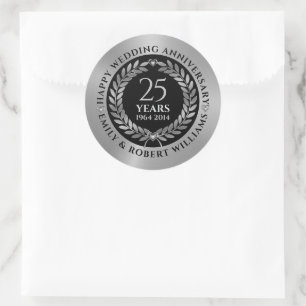 25e huwelijksverjaardag zilveren lauwerkrans ronde sticker