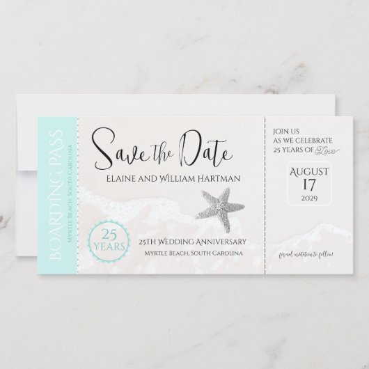 25e Jubileum Beach Boarding Pass Save the Date (Voorkant)