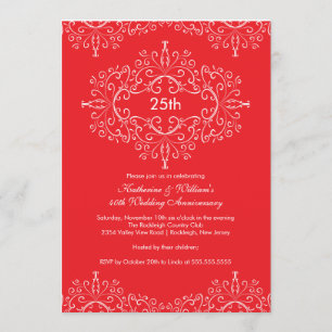 25e jubileum damast uitnodiging rood wit