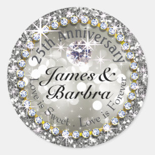 25e Jubileum Glitzy Diamond Bling   zilver Ronde Sticker