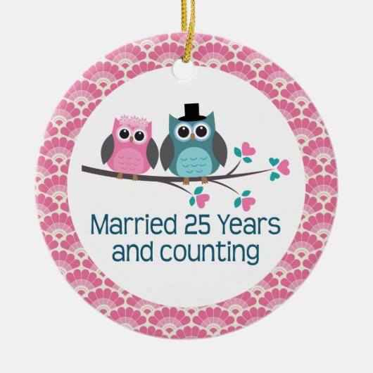 25e Jubileum Owl Wedding Jubilea Gift Keramisch Ornament (Voorkant)