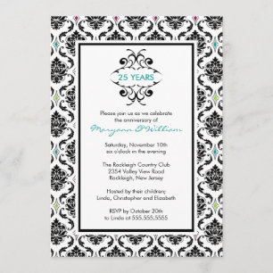 25e Jubileum Party Invitation Black Damask Kaart