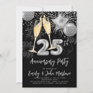 25e Jubileum Silver Glitter Confetti Champagne Kaart