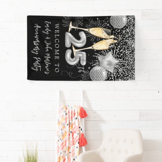 25e Jubileum Silver Glitter Confetti Welcome Spandoek (Insitu)