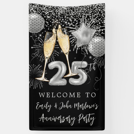 25e Jubileum Silver Glitter Confetti Welcome Spandoek (Verticaal)