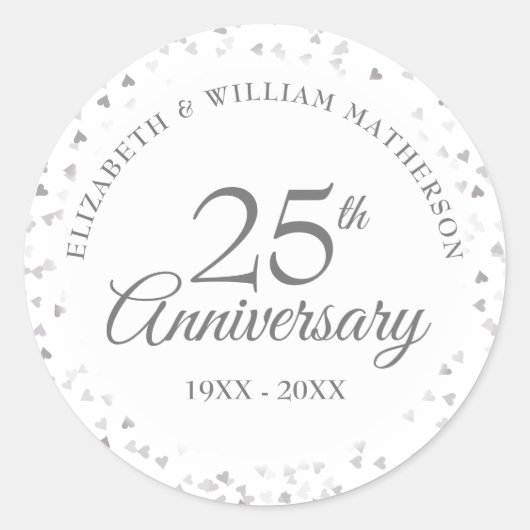 25e Jubileum Silver Love Hearts Confetti Ronde Sticker (Voorkant)