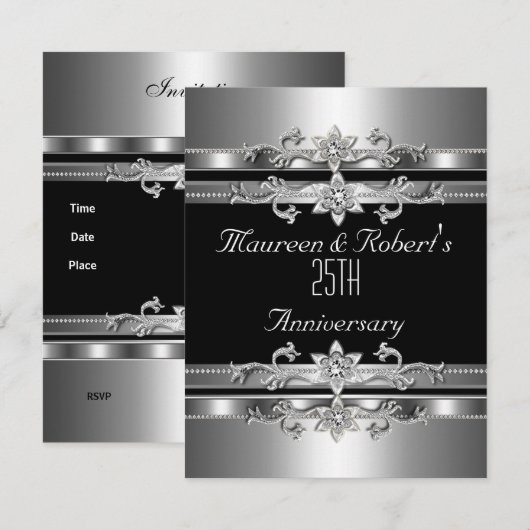 25e Jubileum Uitnodiging Elegant Black Silver (Voorkant / Achterkant)