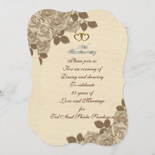 25e Jubileum uitnodiging geïllustreerd sepia roos (Voorkant / Achterkant)