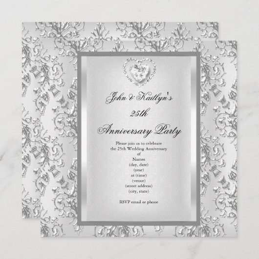 25e jubileumfeest damast zilver wit 2 kaart (Voorkant / Achterkant)