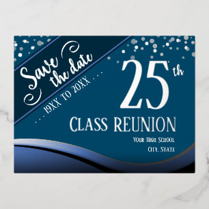25e klas reünie Elegant blauw Folie Feestdagen Briefkaart