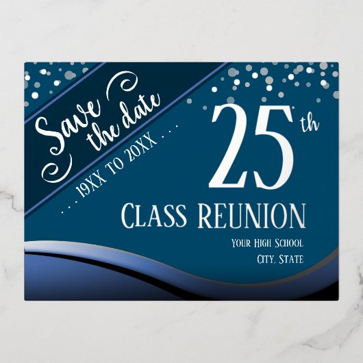 25e klas reünie Elegant blauw Folie Feestdagen Briefkaart (Voorkant)
