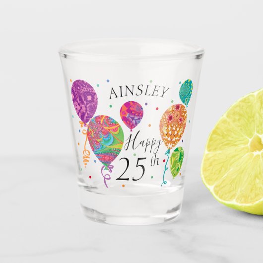 25e Paarse Aqua Verjaardag Ballonnen Custom Name Shot Glas (Voorkant)