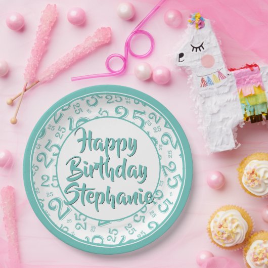 25e Partij Willekeurige Getal Patroon Blauwgroen/W Papieren Bordje (Feest)