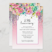 25e roze zilveren bloemens huwelijksjubileum kaart (Voorkant / Achterkant)