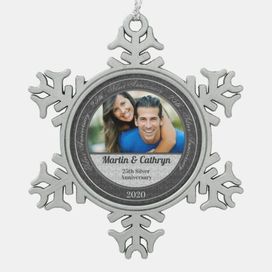 25e Silver Wedding Annivsersary Foto Tin Sneeuwvlok Ornament (Voorkant)