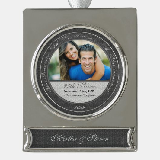 25e Silver Wedding Jubileum Foto en Jaar Verzilverd Banner Ornament (Voorkant)