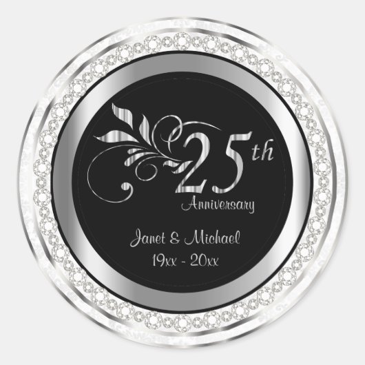 25e Silver Wedding Jubileum - Witte Damask Ronde Sticker (Voorkant)
