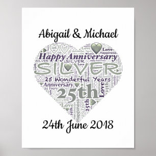 25e Silver Wedding Jubileum Word Art-afdrukken Poster