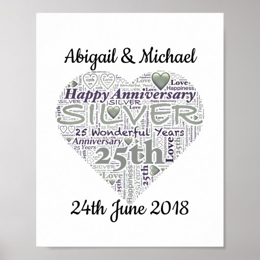 25e Silver Wedding Jubileum Word Art-afdrukken Poster (Voorkant)