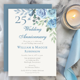 25e trouwdag blauw bloemig elegant feest kaart