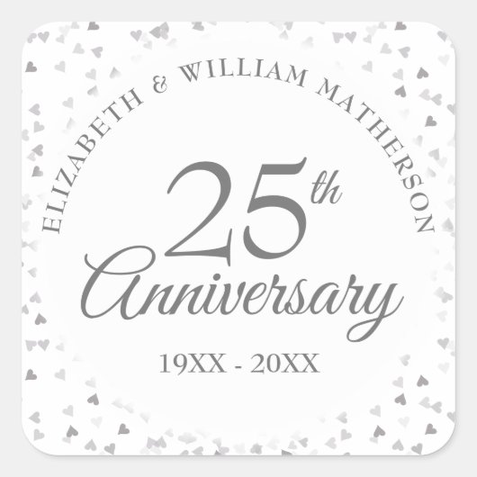 25e trouwdag jubileum Zilveren Hartjes Confetti Vierkante Sticker (Voorkant)