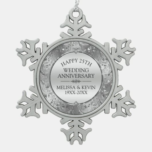 25e trouwdag Silver Floral Lijst Tin Sneeuwvlok Ornament (Voorkant)