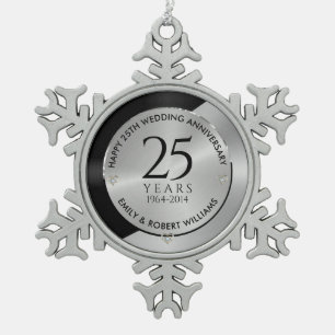 25e trouwdag zwart en zilver 2 tin sneeuwvlok ornament