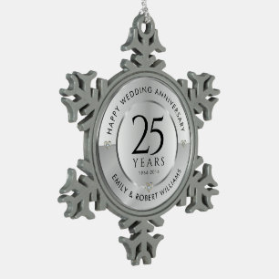 25e trouwdag zwart en zilver tin sneeuwvlok ornament