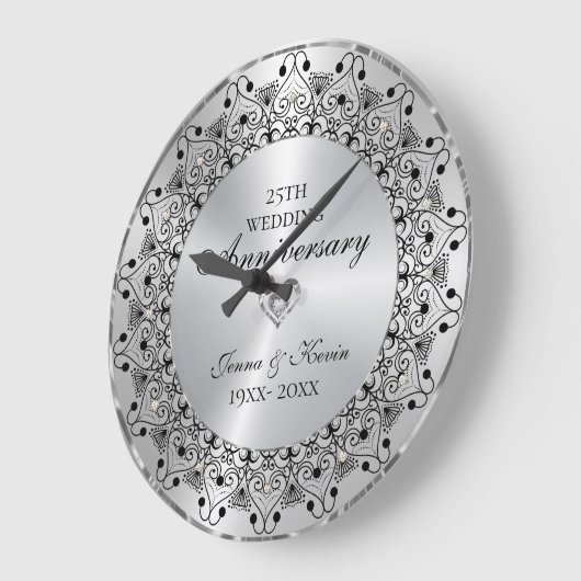 25e trouwdag Zwart Mandala op Zilver Grote Klok (Hoek)