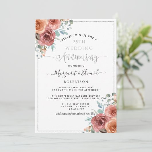 25e trouwdagjubileum, zilveren munt perzik bloemmo kaart (Staand voorkant)