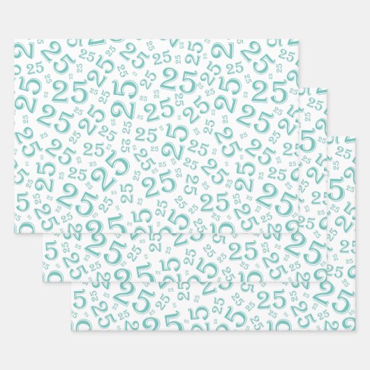 25e verjaardag Blauwgroen & wit Random Number Patt Inpakpapier Vel (Set)