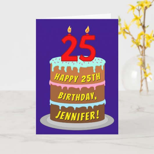 25e verjaardag: Fun Cake and Candles + Custom Name Kaart (Gele Bloem)