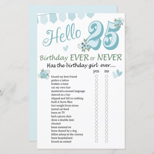 25e verjaardag ooit of nooit (Voorkant / Achterkant)