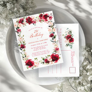 25e Verjaardag Red Rose Pink Peony Uitnodiging