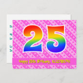 25e verjaardag: roze strepen en harten, regenboog briefkaart (Voorkant / Achterkant)
